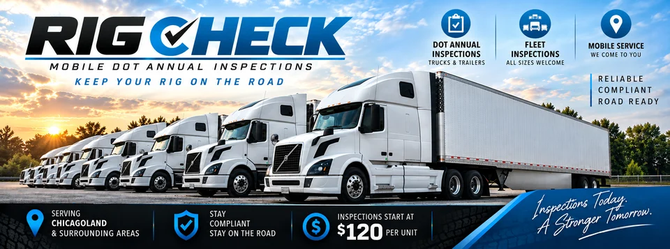 Rig Check banner: a line of white semi trucks at sunset. Serving Chicagoland, inspections start at $120 per unit.